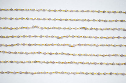 Purple Grey Lepidolite Faceted Round Shape Rosary Beaded Chain  , 3 mm , RB-7425
