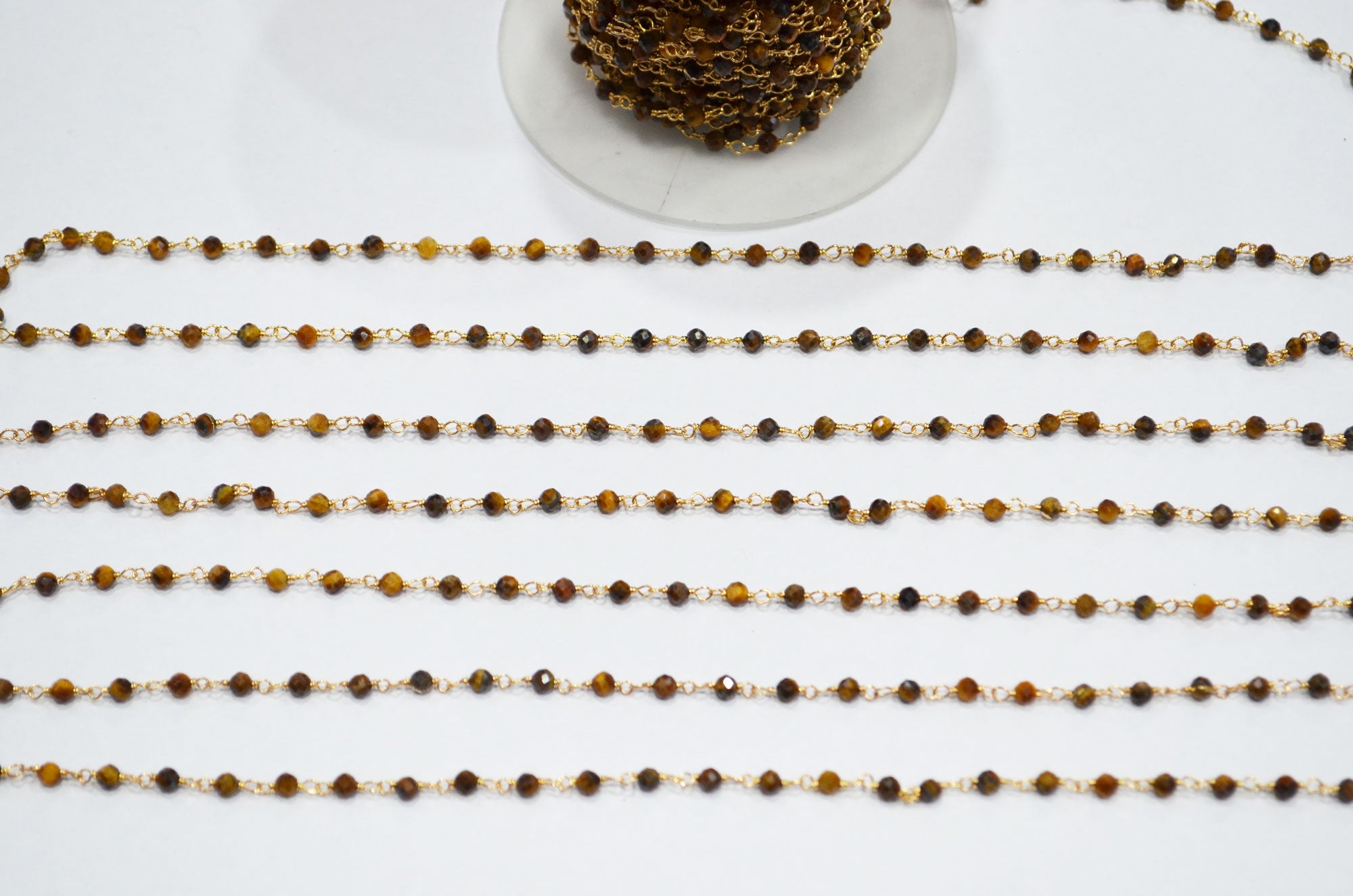 Tiger Eye Faceted Round Shape Rosary Beaded Chain  , 3 mm , RB-7426
