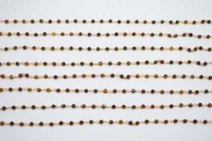 Tiger Eye Faceted Round Shape Rosary Beaded Chain  , 3 mm , RB-7426