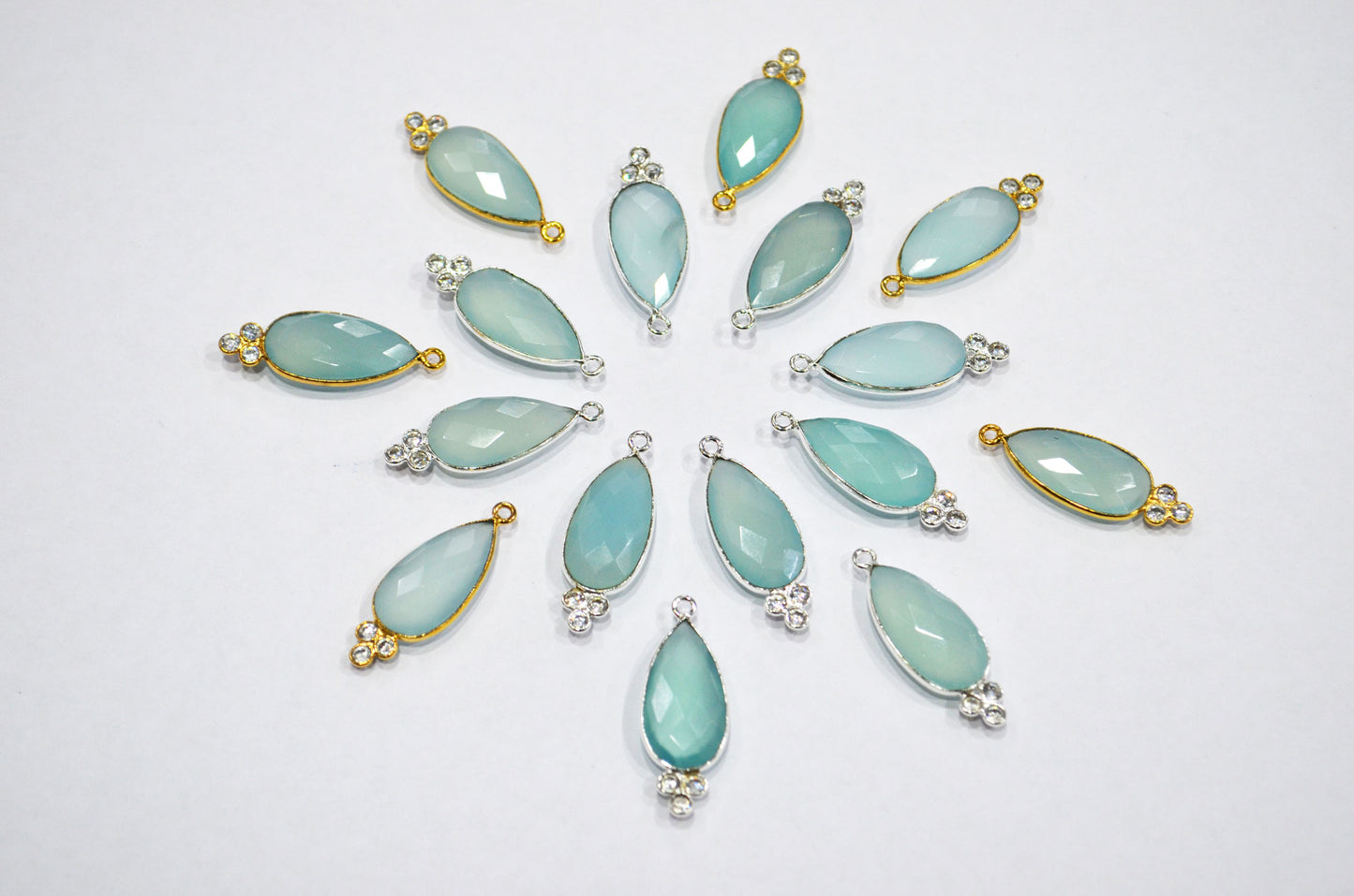 Aqua Chalcedony With  White Cubic Zirconia Faceted Pear Shape Connector , Sold By Piece , 10x30 mm , RB-7430