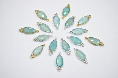 Aqua Chalcedony With  White Cubic Zirconia Faceted Pear Shape Connector , Sold By Piece , 10x30 mm , RB-7430
