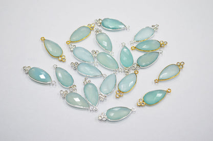 Aqua Chalcedony With  White Cubic Zirconia Faceted Pear Shape Connector , Sold By Piece , 10x30 mm , RB-7430