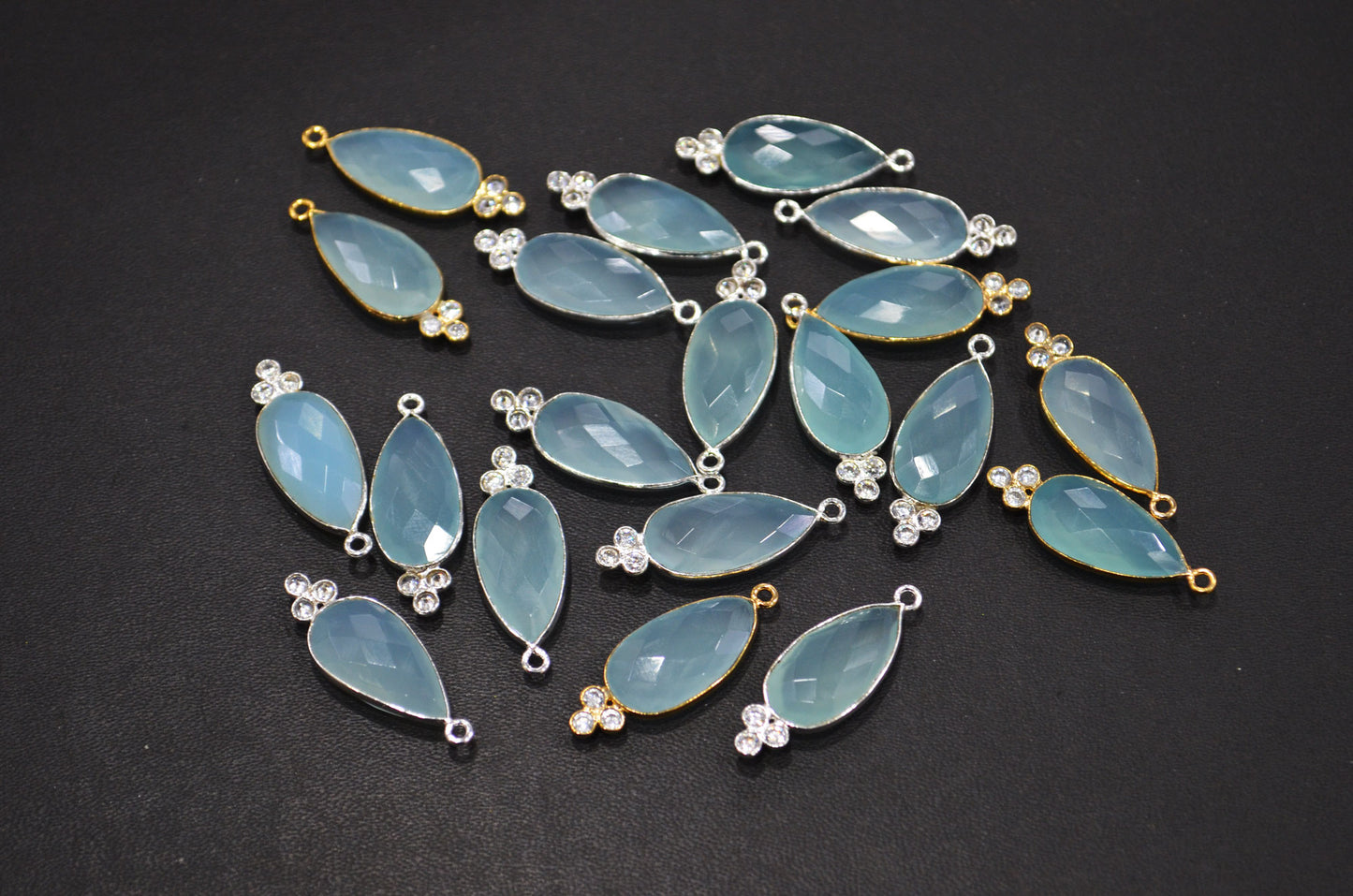 Aqua Chalcedony With  White Cubic Zirconia Faceted Pear Shape Connector , Sold By Piece , 10x30 mm , RB-7430