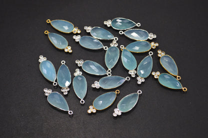Aqua Chalcedony With  White Cubic Zirconia Faceted Pear Shape Connector , Sold By Piece , 10x30 mm , RB-7430