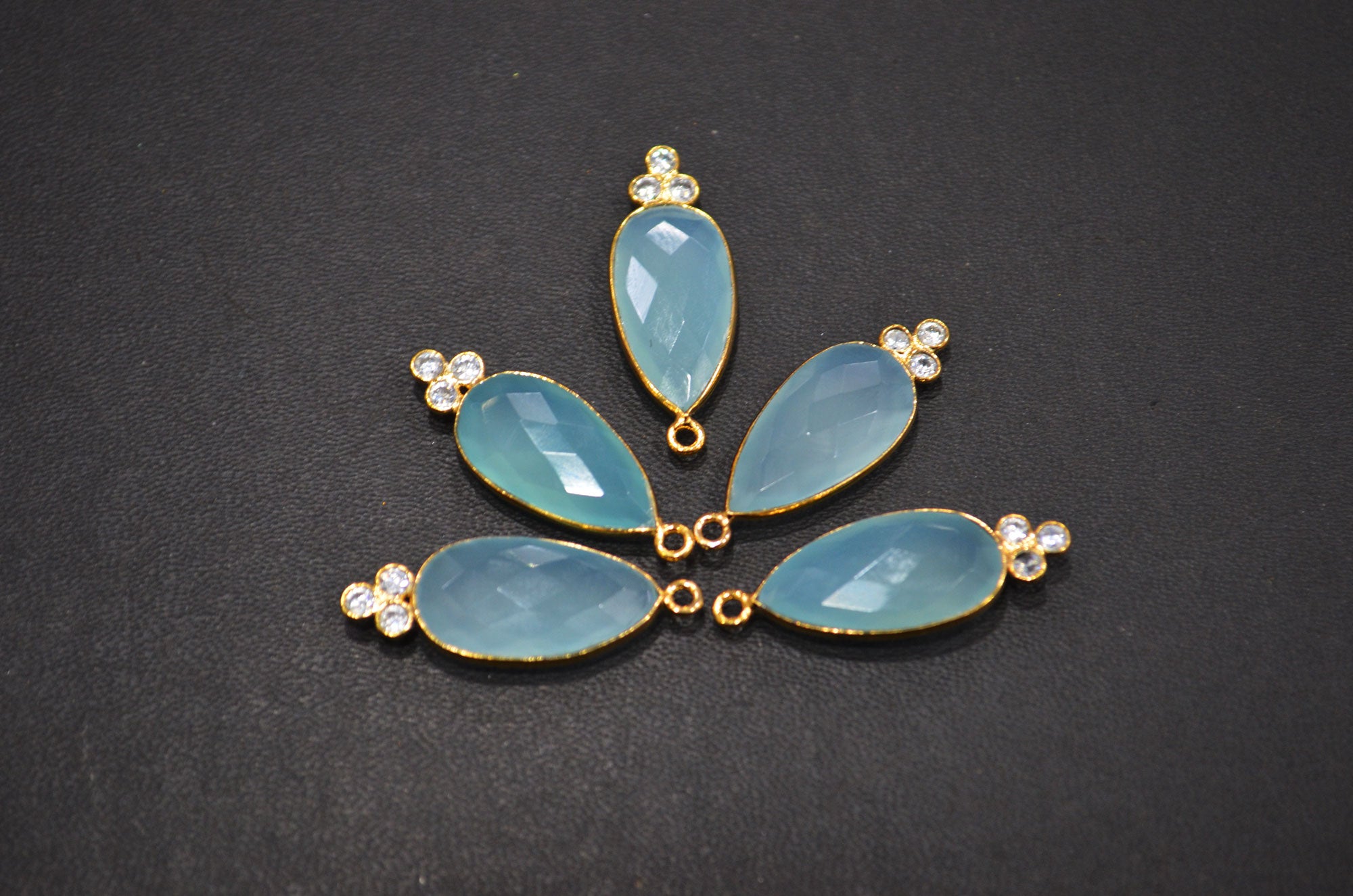 Aqua Chalcedony With  White Cubic Zirconia Faceted Pear Shape Connector , Sold By Piece , 10x30 mm , RB-7430