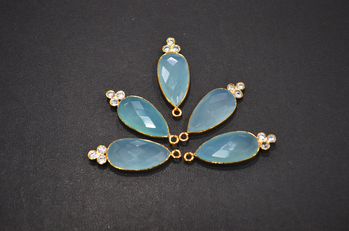 Aqua Chalcedony With  White Cubic Zirconia Faceted Pear Shape Connector , Sold By Piece , 10x30 mm , RB-7430