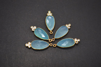 Aqua Chalcedony With  White Cubic Zirconia Faceted Pear Shape Connector , Sold By Piece , 10x30 mm , RB-7430