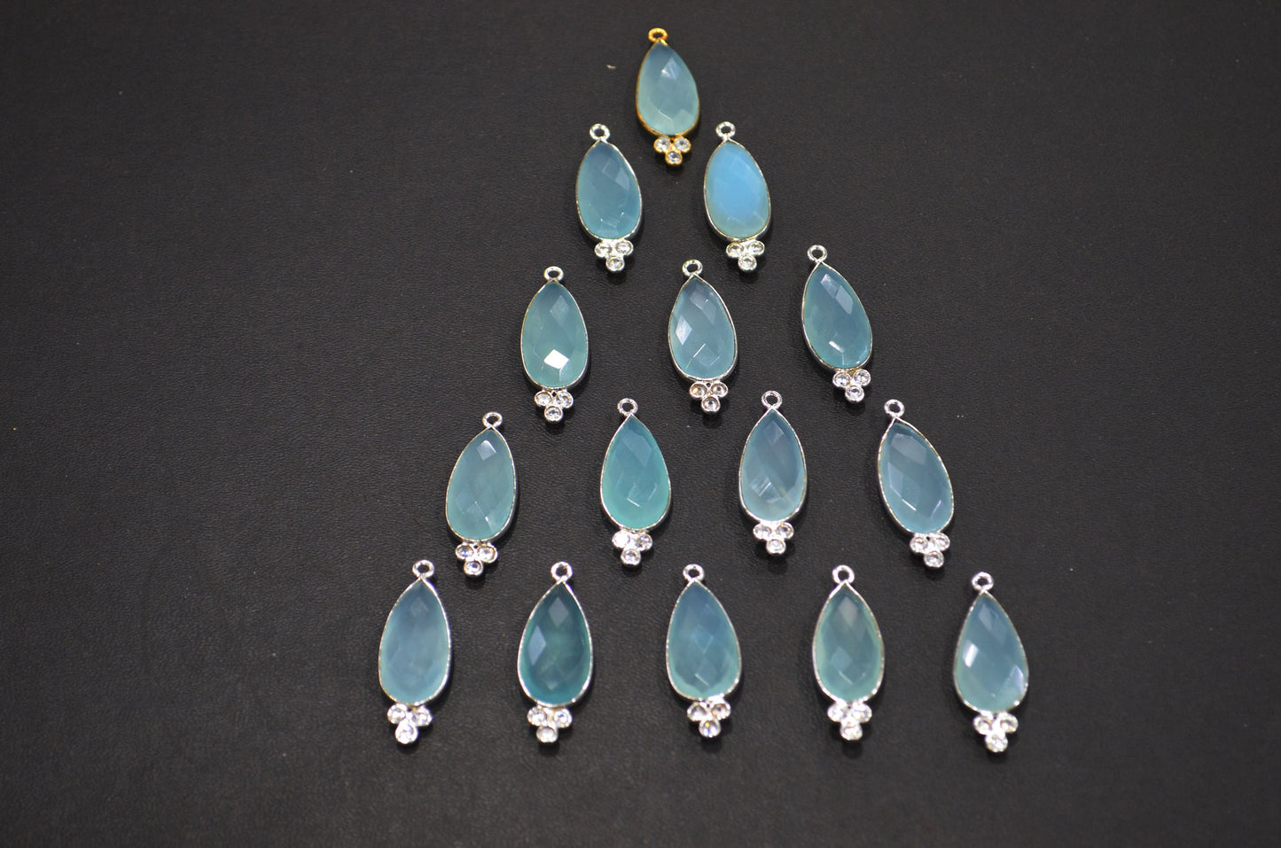 Aqua Chalcedony With  White Cubic Zirconia Faceted Pear Shape Connector , Sold By Piece , 10x30 mm , RB-7430