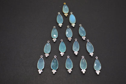 Aqua Chalcedony With  White Cubic Zirconia Faceted Pear Shape Connector , Sold By Piece , 10x30 mm , RB-7430
