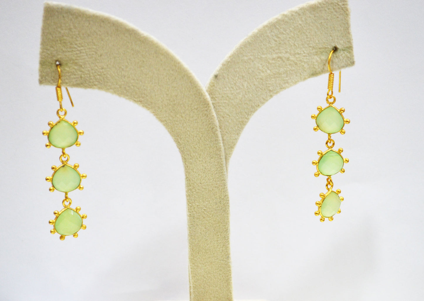 Prehnite Chalcedony Fancy Shape Earrings , Prehnite Chalcedony Heart Shape Gold Plated Brass Dangle Earrings , Women Earrings , 11 mm , RB-7434
