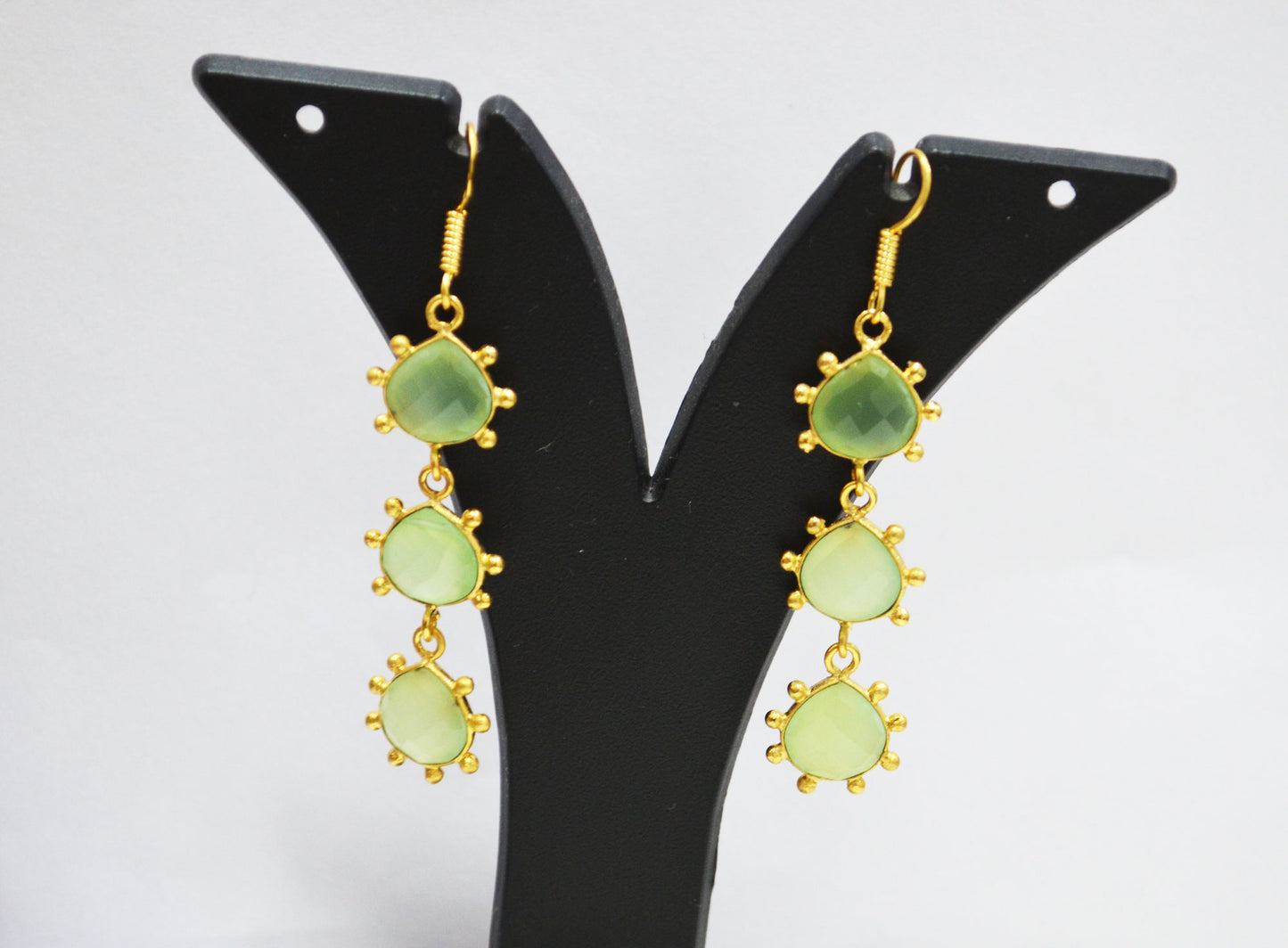 Prehnite Chalcedony Fancy Shape Earrings , Prehnite Chalcedony Heart Shape Gold Plated Brass Dangle Earrings , Women Earrings , 11 mm , RB-7434