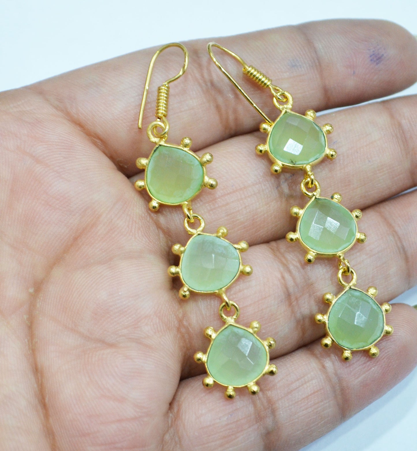 Prehnite Chalcedony Fancy Shape Earrings , Prehnite Chalcedony Heart Shape Gold Plated Brass Dangle Earrings , Women Earrings , 11 mm , RB-7434