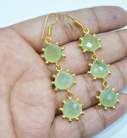 Prehnite Chalcedony Fancy Shape Earrings , Prehnite Chalcedony Heart Shape Gold Plated Brass Dangle Earrings , Women Earrings , 11 mm , RB-7434