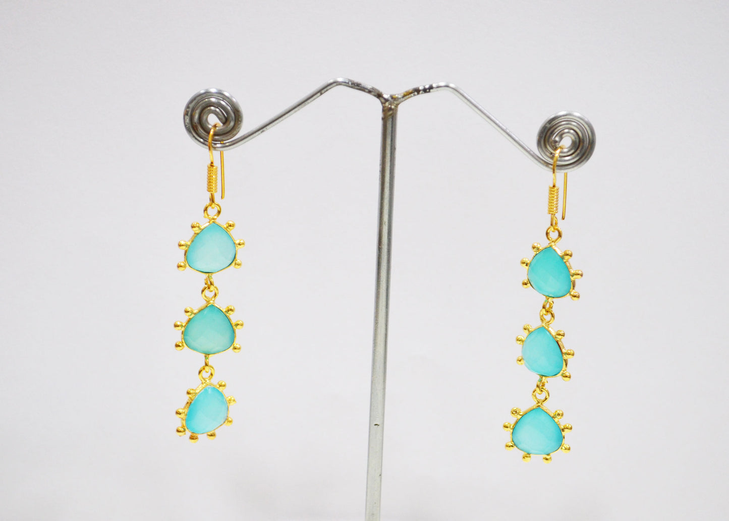 Aqua Chalcedony Fancy Shape Earrings , Aqua Chalcedony Heart Shape Gold Plated Brass Dangle Earrings , Women Earrings , 11 mm , RB-7435