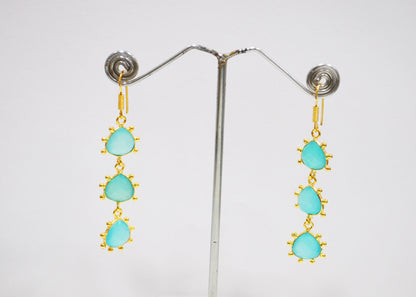 Aqua Chalcedony Fancy Shape Earrings , Aqua Chalcedony Heart Shape Gold Plated Brass Dangle Earrings , Women Earrings , 11 mm , RB-7435