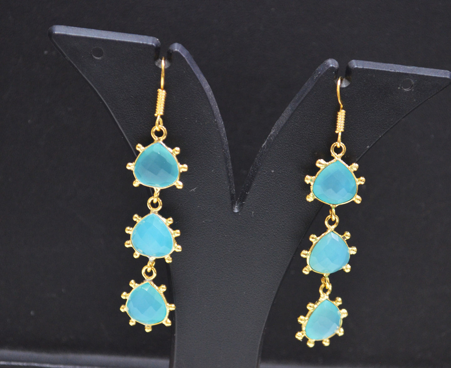 Aqua Chalcedony Fancy Shape Earrings , Aqua Chalcedony Heart Shape Gold Plated Brass Dangle Earrings , Women Earrings , 11 mm , RB-7435