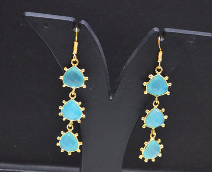 Aqua Chalcedony Fancy Shape Earrings , Aqua Chalcedony Heart Shape Gold Plated Brass Dangle Earrings , Women Earrings , 11 mm , RB-7435