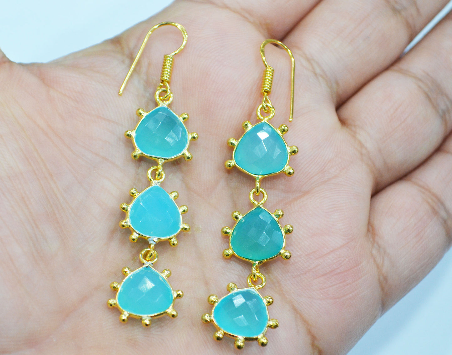 Aqua Chalcedony Fancy Shape Earrings , Aqua Chalcedony Heart Shape Gold Plated Brass Dangle Earrings , Women Earrings , 11 mm , RB-7435