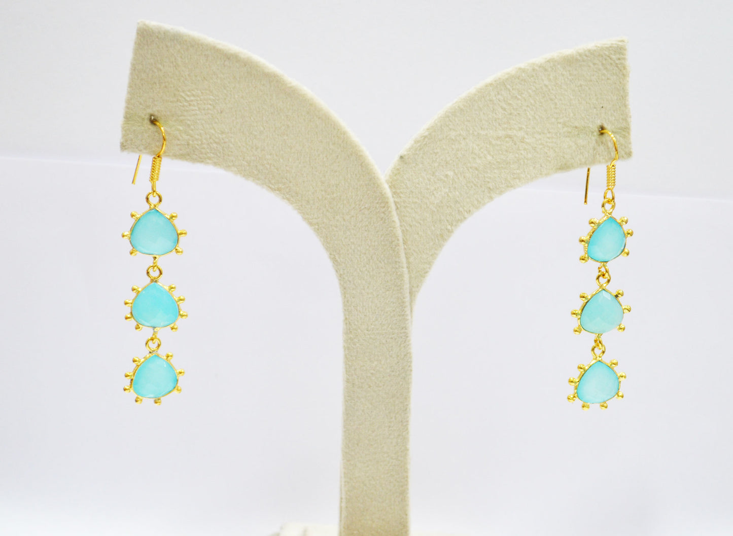 Aqua Chalcedony Fancy Shape Earrings , Aqua Chalcedony Heart Shape Gold Plated Brass Dangle Earrings , Women Earrings , 11 mm , RB-7435