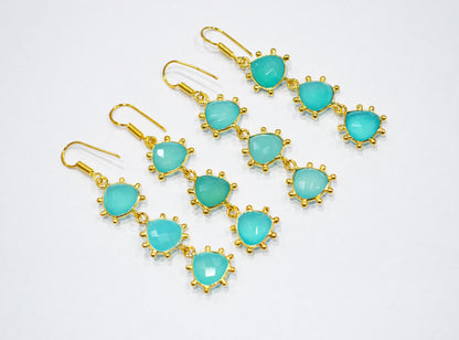 Aqua Chalcedony Fancy Shape Earrings , Aqua Chalcedony Heart Shape Gold Plated Brass Dangle Earrings , Women Earrings , 11 mm , RB-7435