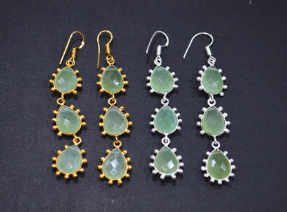 Prehnite Chalcedony Fancy Shape Earrings , Prehnite Chalcedony Pear Shape Gold Plated Brass Dangle Earrings , Women Earrings , 11x15 mm , RB-7436