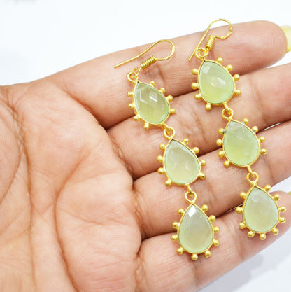 Prehnite Chalcedony Fancy Shape Earrings , Prehnite Chalcedony Pear Shape Gold Plated Brass Dangle Earrings , Women Earrings , 11x15 mm , RB-7436