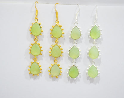 Prehnite Chalcedony Fancy Shape Earrings , Prehnite Chalcedony Pear Shape Gold Plated Brass Dangle Earrings , Women Earrings , 11x15 mm , RB-7436