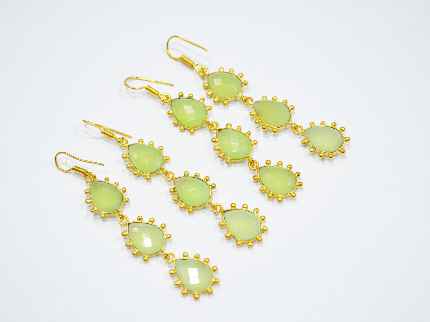 Prehnite Chalcedony Fancy Shape Earrings , Prehnite Chalcedony Pear Shape Gold Plated Brass Dangle Earrings , Women Earrings , 11x15 mm , RB-7436