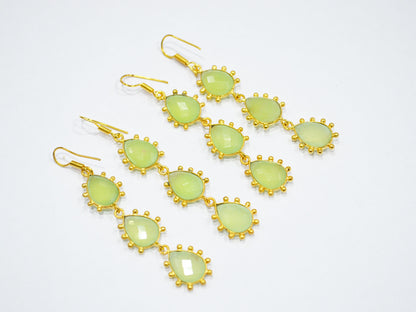 Prehnite Chalcedony Fancy Shape Earrings , Prehnite Chalcedony Pear Shape Gold Plated Brass Dangle Earrings , Women Earrings , 11x15 mm , RB-7436