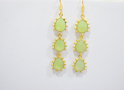 Prehnite Chalcedony Fancy Shape Earrings , Prehnite Chalcedony Pear Shape Gold Plated Brass Dangle Earrings , Women Earrings , 11x15 mm , RB-7436