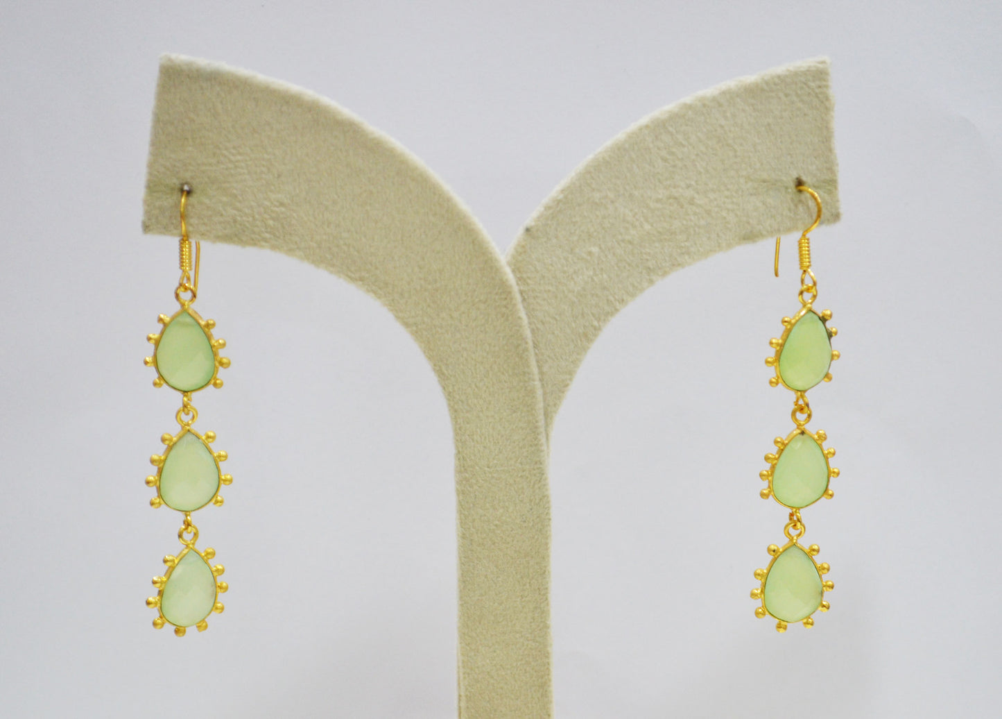 Prehnite Chalcedony Fancy Shape Earrings , Prehnite Chalcedony Pear Shape Gold Plated Brass Dangle Earrings , Women Earrings , 11x15 mm , RB-7436