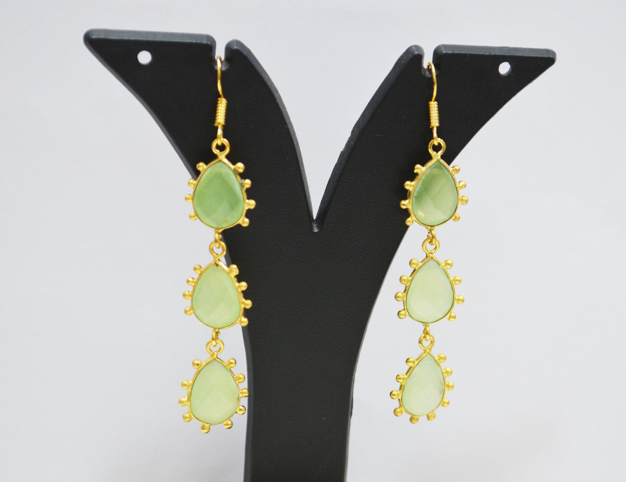 Prehnite Chalcedony Fancy Shape Earrings , Prehnite Chalcedony Pear Shape Gold Plated Brass Dangle Earrings , Women Earrings , 11x15 mm , RB-7436