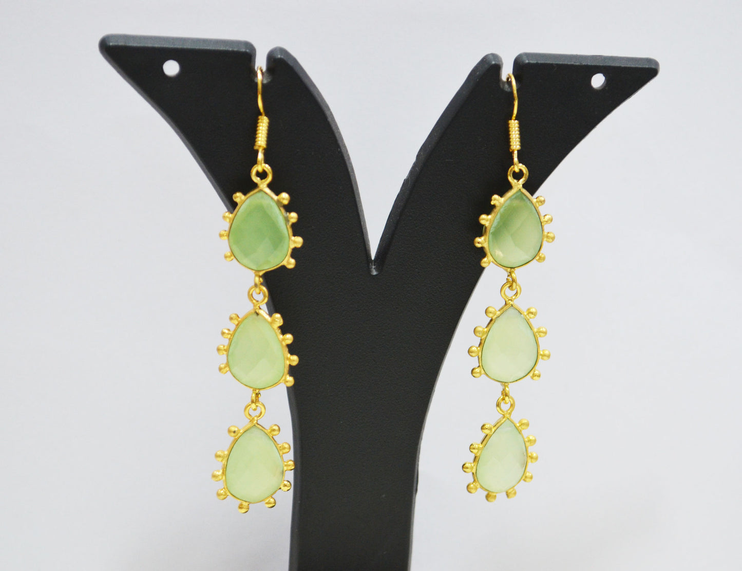 Prehnite Chalcedony Fancy Shape Earrings , Prehnite Chalcedony Pear Shape Gold Plated Brass Dangle Earrings , Women Earrings , 11x15 mm , RB-7436