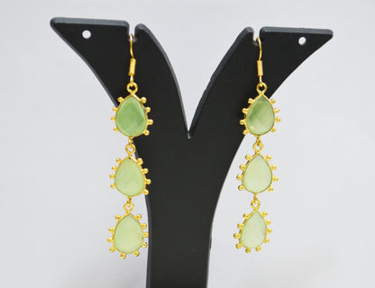 Prehnite Chalcedony Fancy Shape Earrings , Prehnite Chalcedony Pear Shape Gold Plated Brass Dangle Earrings , Women Earrings , 11x15 mm , RB-7436