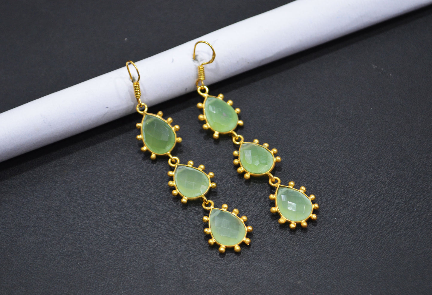 Prehnite Chalcedony Fancy Shape Earrings , Prehnite Chalcedony Pear Shape Gold Plated Brass Dangle Earrings , Women Earrings , 11x15 mm , RB-7436