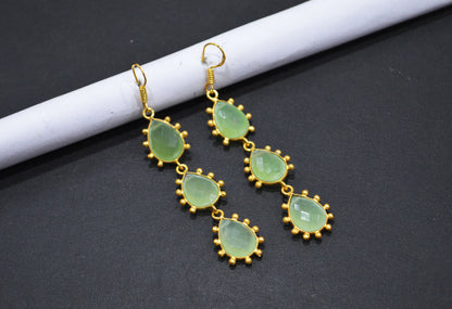 Prehnite Chalcedony Fancy Shape Earrings , Prehnite Chalcedony Pear Shape Gold Plated Brass Dangle Earrings , Women Earrings , 11x15 mm , RB-7436