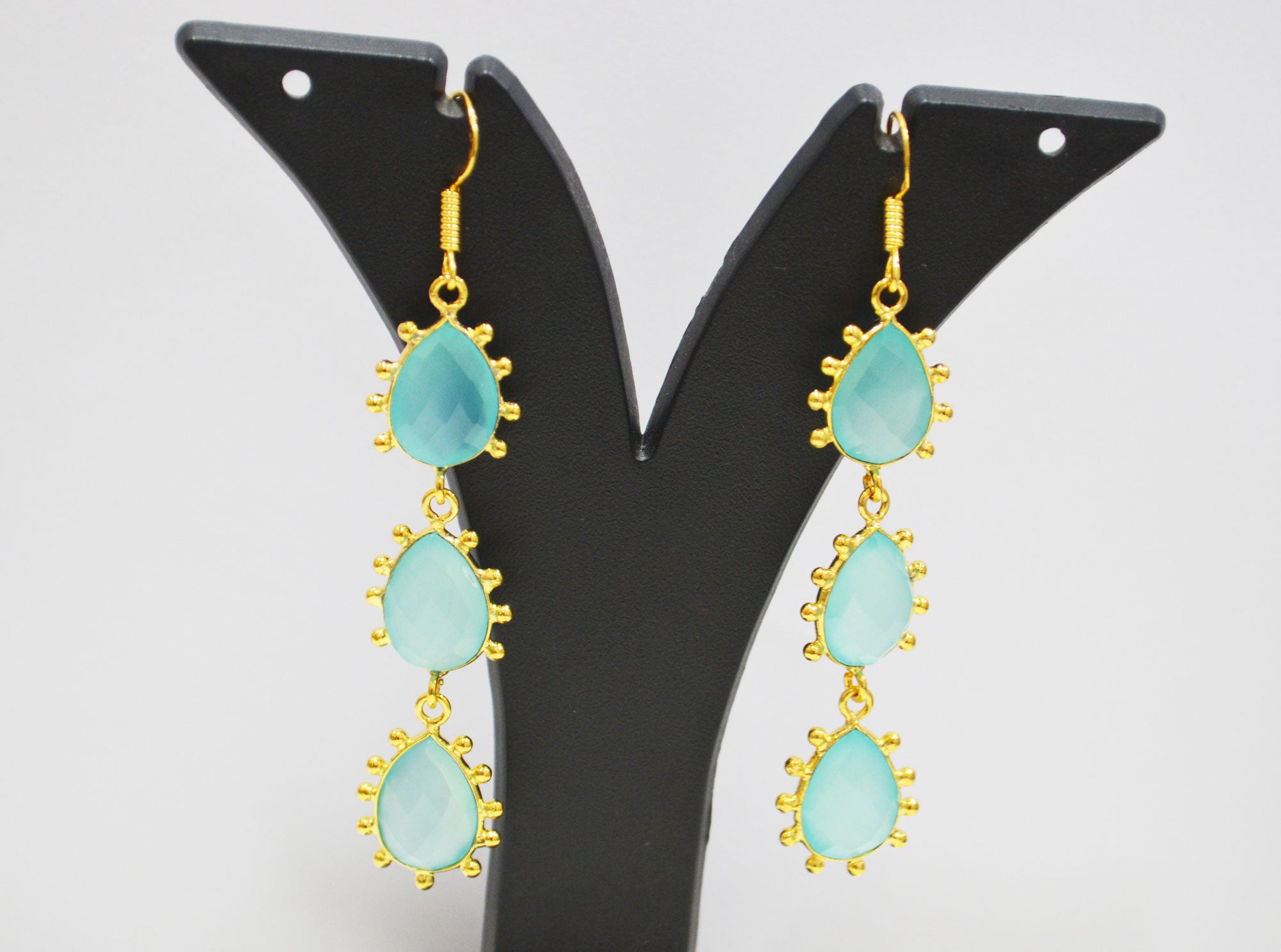 Aqua Chalcedony Fancy Shape Earrings , Aqua Chalcedony Pear Shape Gold Plated Brass Dangle Earrings , Women Earrings , 11x15 mm , RB-7437