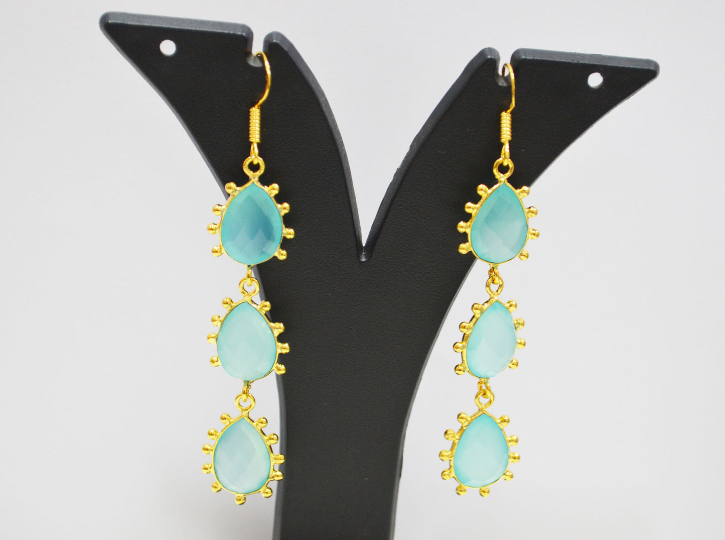 Aqua Chalcedony Fancy Shape Earrings , Aqua Chalcedony Pear Shape Gold Plated Brass Dangle Earrings , Women Earrings , 11x15 mm , RB-7437