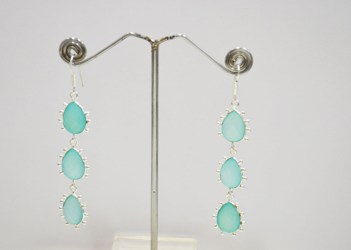 Aqua Chalcedony Fancy Shape Earrings , Aqua Chalcedony Pear Shape Gold Plated Brass Dangle Earrings , Women Earrings , 11x15 mm , RB-7437