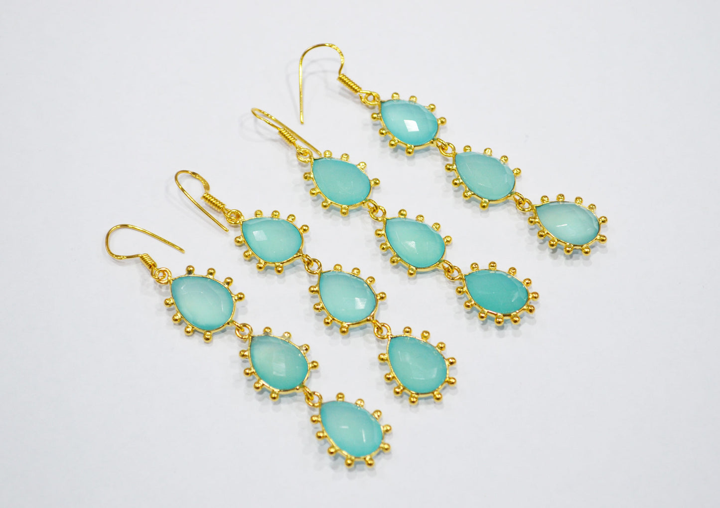 Aqua Chalcedony Fancy Shape Earrings , Aqua Chalcedony Pear Shape Gold Plated Brass Dangle Earrings , Women Earrings , 11x15 mm , RB-7437