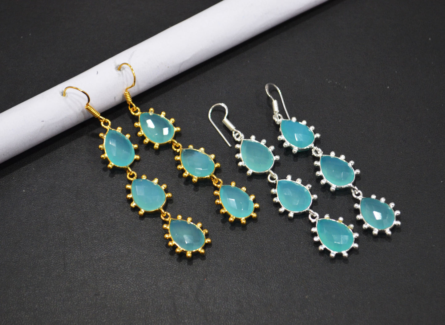 Aqua Chalcedony Fancy Shape Earrings , Aqua Chalcedony Pear Shape Gold Plated Brass Dangle Earrings , Women Earrings , 11x15 mm , RB-7437