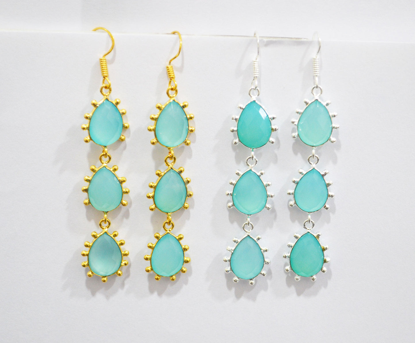 Aqua Chalcedony Fancy Shape Earrings , Aqua Chalcedony Pear Shape Gold Plated Brass Dangle Earrings , Women Earrings , 11x15 mm , RB-7437