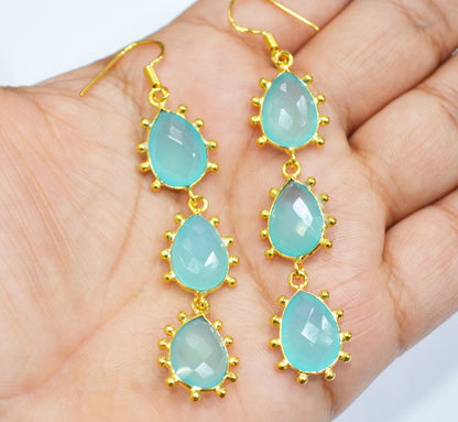 Aqua Chalcedony Fancy Shape Earrings , Aqua Chalcedony Pear Shape Gold Plated Brass Dangle Earrings , Women Earrings , 11x15 mm , RB-7437