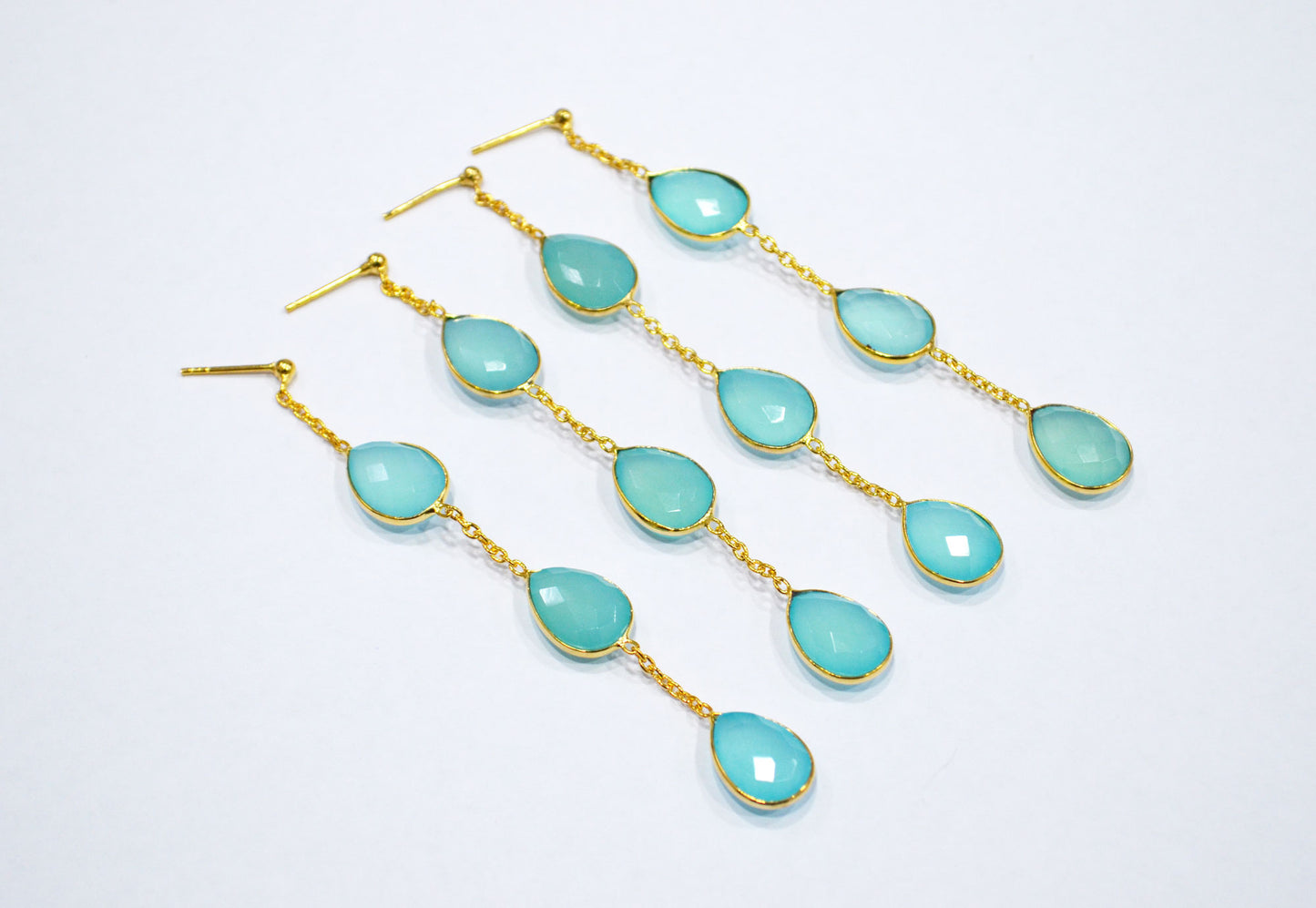 Aqua Chalcedony Fancy Shape Earrings , Aqua Chalcedony Pear Shape Gold Plated Brass Post Earrings , Women Earrings , 11x15 mm , RB-7438