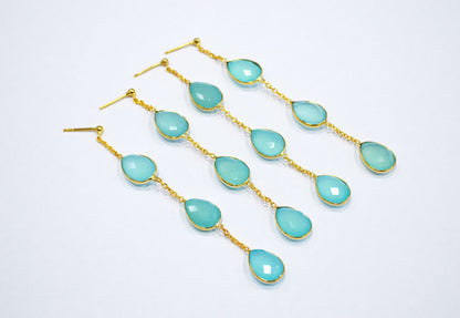Aqua Chalcedony Fancy Shape Earrings , Aqua Chalcedony Pear Shape Gold Plated Brass Post Earrings , Women Earrings , 11x15 mm , RB-7438