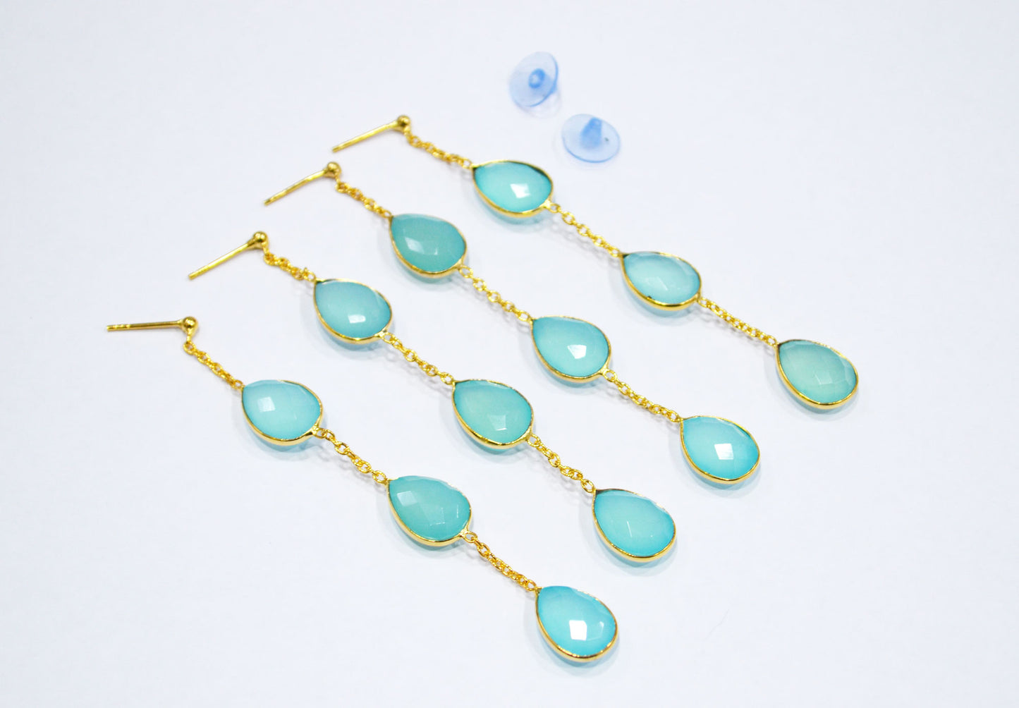 Aqua Chalcedony Fancy Shape Earrings , Aqua Chalcedony Pear Shape Gold Plated Brass Post Earrings , Women Earrings , 11x15 mm , RB-7438