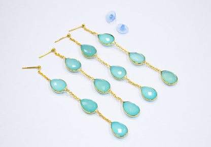 Aqua Chalcedony Fancy Shape Earrings , Aqua Chalcedony Pear Shape Gold Plated Brass Post Earrings , Women Earrings , 11x15 mm , RB-7438