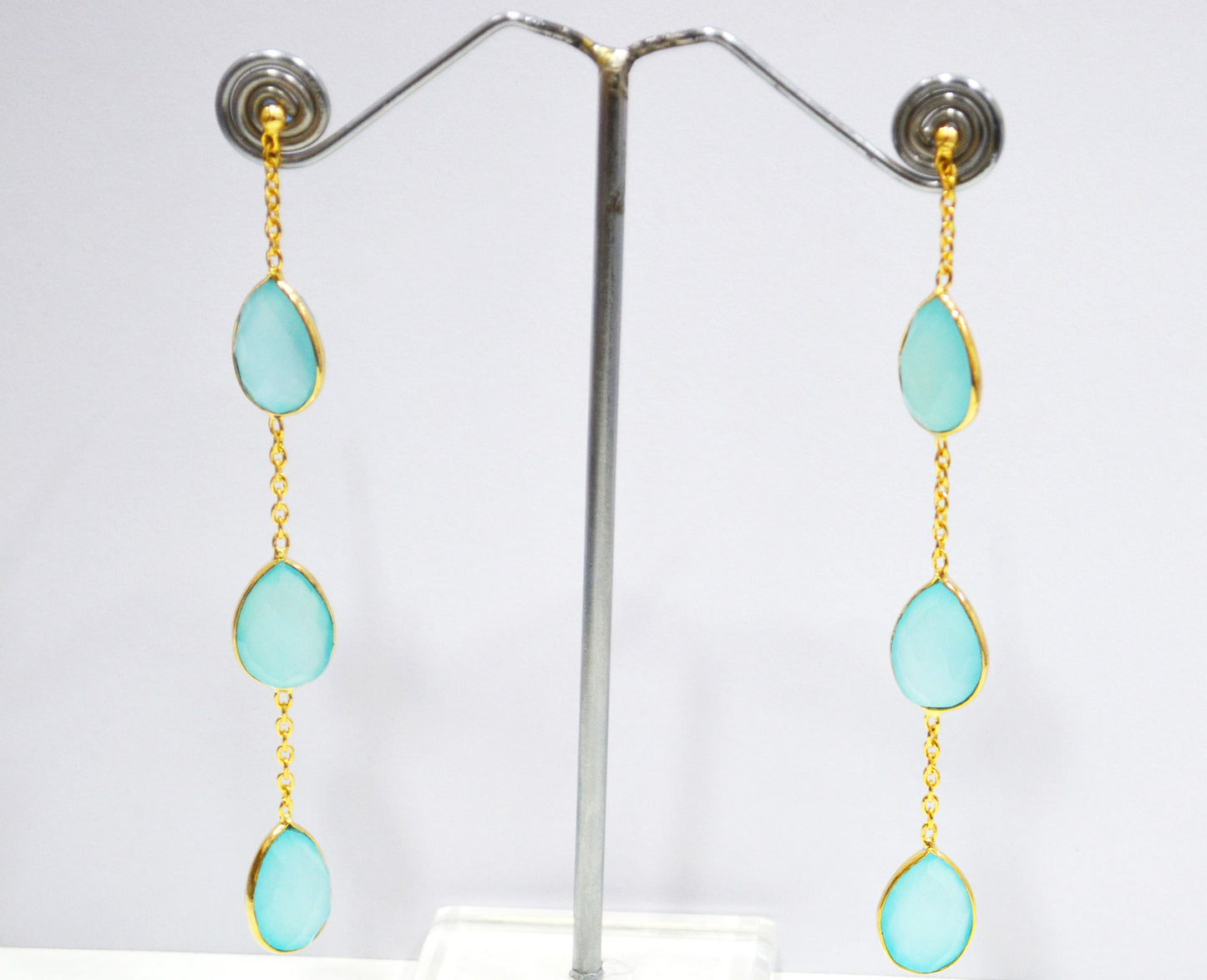 Aqua Chalcedony Fancy Shape Earrings , Aqua Chalcedony Pear Shape Gold Plated Brass Post Earrings , Women Earrings , 11x15 mm , RB-7438