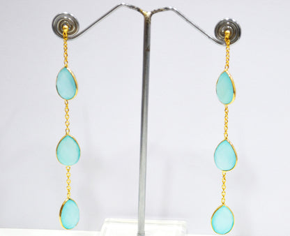 Aqua Chalcedony Fancy Shape Earrings , Aqua Chalcedony Pear Shape Gold Plated Brass Post Earrings , Women Earrings , 11x15 mm , RB-7438