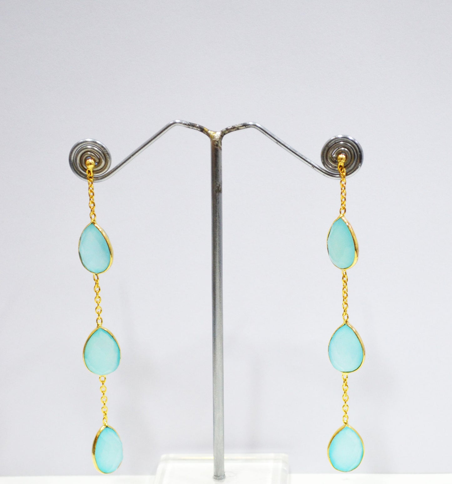 Aqua Chalcedony Fancy Shape Earrings , Aqua Chalcedony Pear Shape Gold Plated Brass Post Earrings , Women Earrings , 11x15 mm , RB-7438
